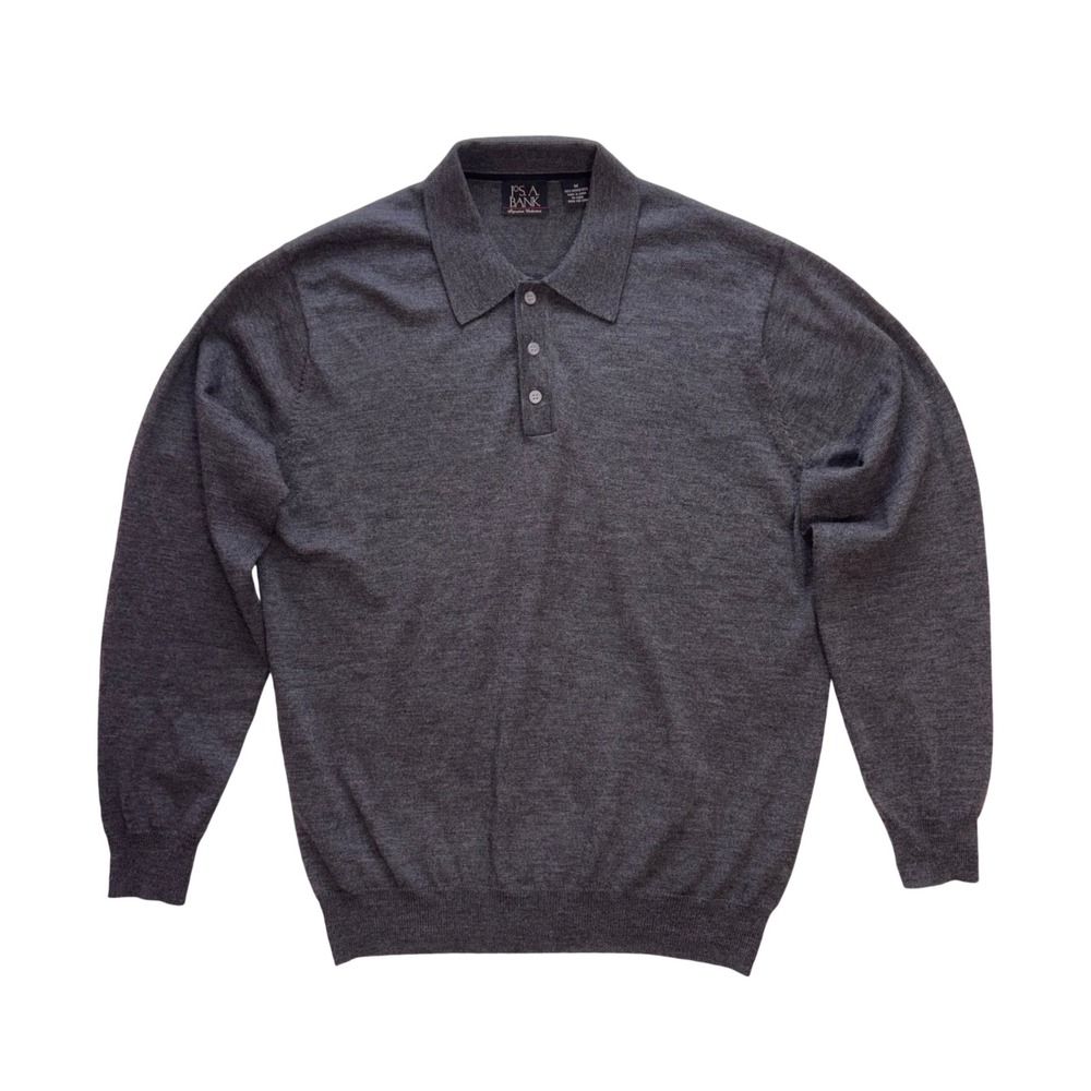 JOS A BANK Polo Sweater Mens M Grey Merino Wool Long Sleeve Signature Collection